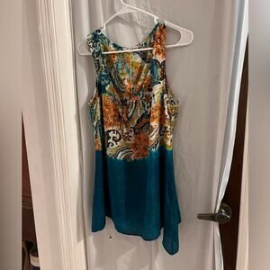 Language teal 100% silk tank top tie front shark bite hem size medium